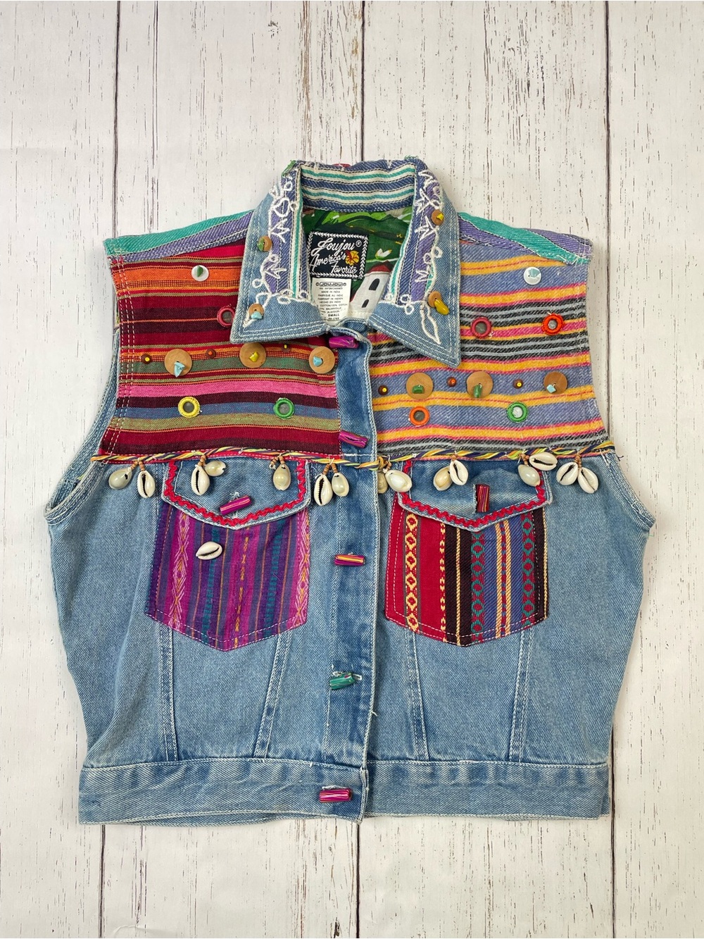 Jou Jou America’s Favorite Vintage Denim Bead & Shell Embellished Vest